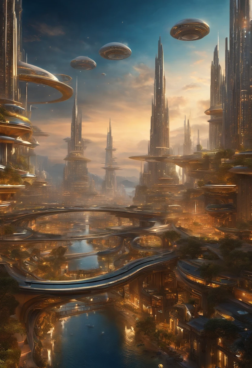 Create futuristic hyperealist works of art, Imagine a floating city in the sky, with complex architectural structures and advanced technology. Paint this futuristic city with a wealth of detail, capturing the bright lights, suspended platforms and flying vehicles that crisscross the skies.
