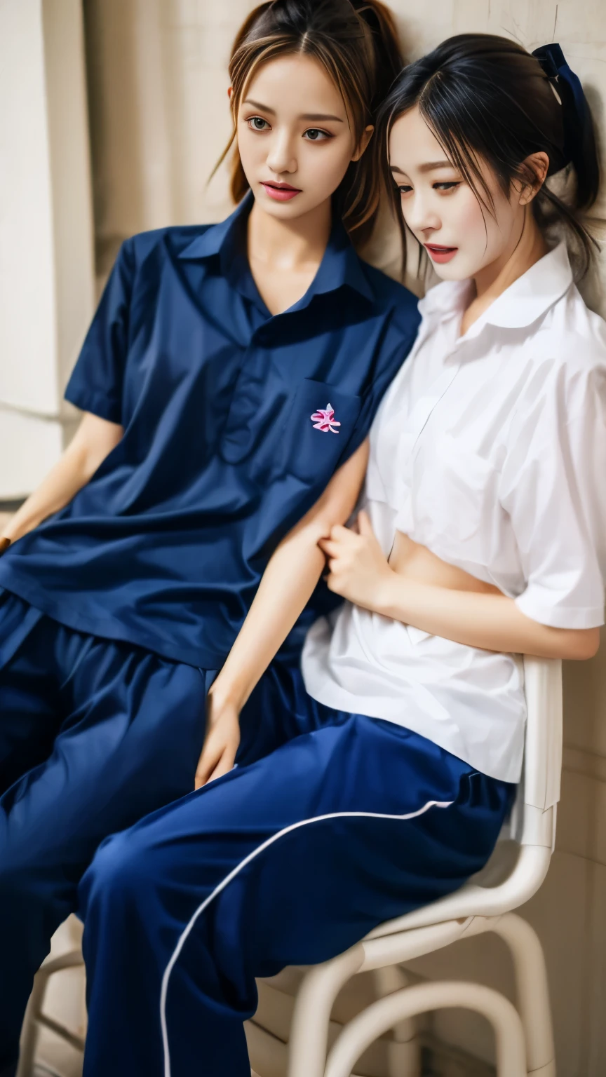 2 girls sitting on chairs, Navy blue short-sleeved shirt,Navy Long Trackpant,Sweatpants, Sweatpantsขายาว, หญิงรักhave sex, coax, Sexual arousal, Realistic poses, exercise clothes, exercise clothes, have sex, Realistic gestures
