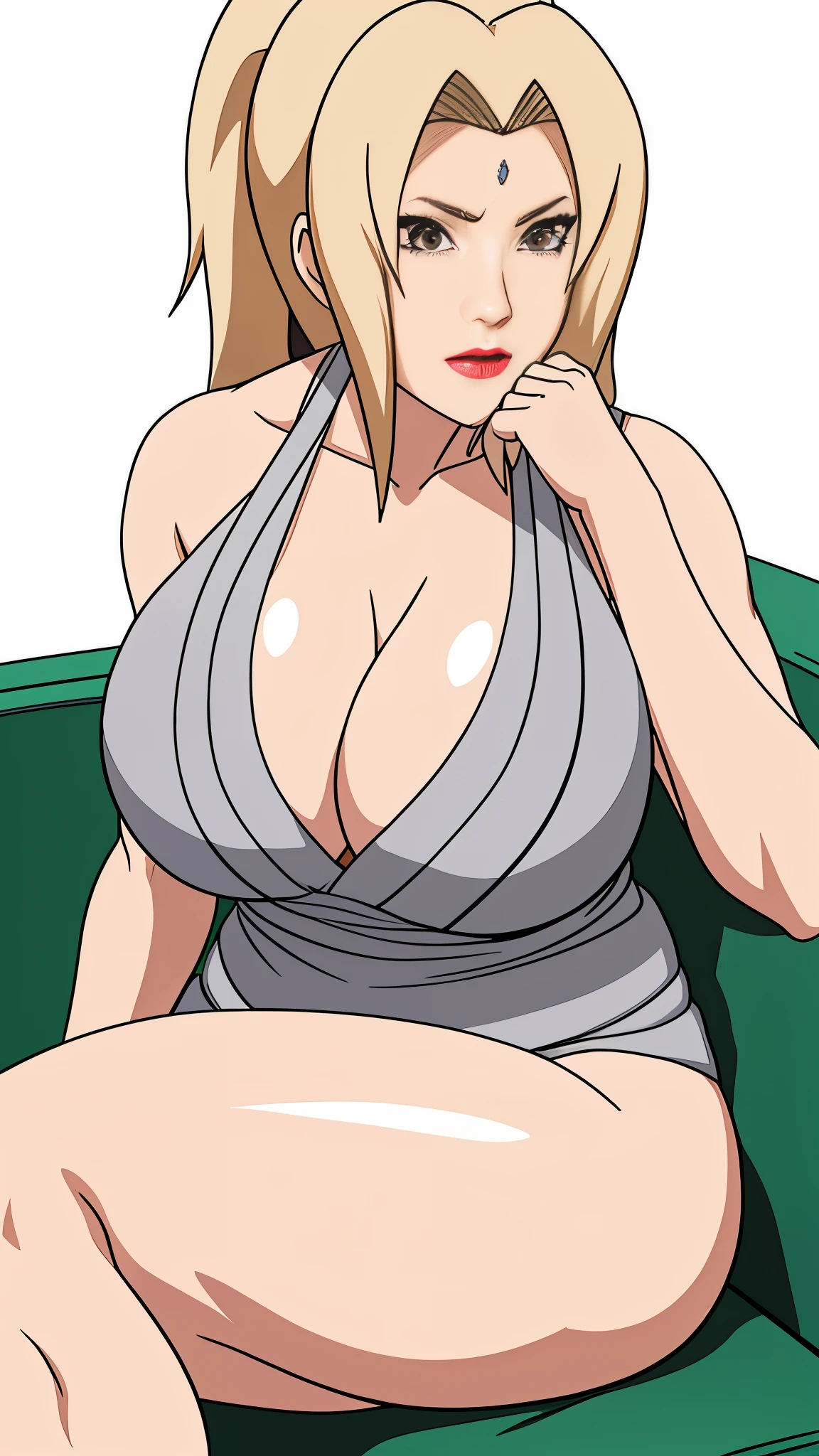 Tsunade from Naruto, big mature woman, MILF, fair skin, (grey bikini:1.1), red lips, long blonde hair, double ponytail, (very large breast:1.5), (deep cleavage), oppai, slight chubby body, slightly muscular body, brown eyes, siting on sofa, beautiful, erotic, seductive , best quality, masterpiece, (anatomically correct), ccurate, UHD, best quality, award winning, 4K,