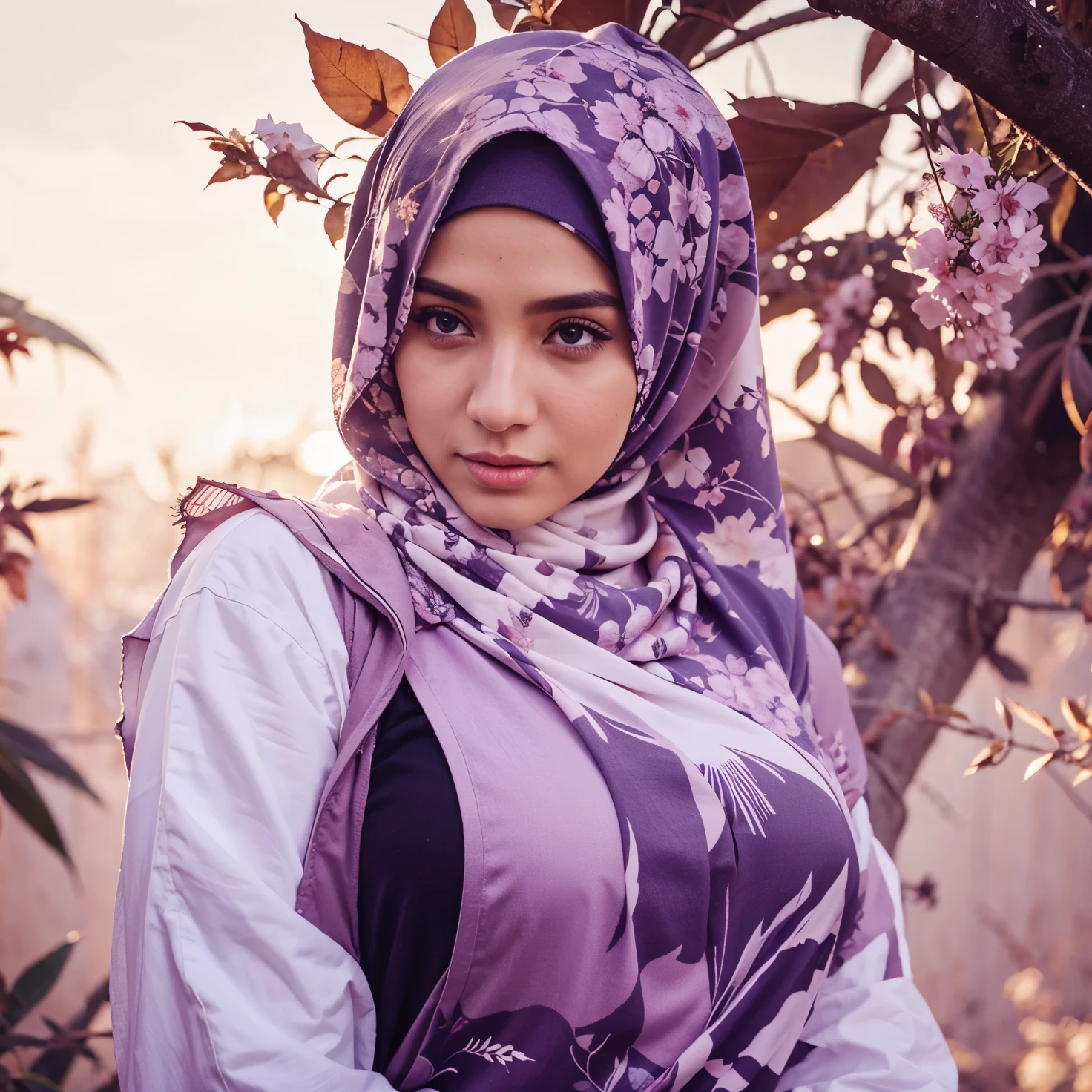 (((49-Years-Old, Hijab Indonesian Beautiful Mature woman))), wearing Kimono, Tight Kimono, curvy body, Full body, Huge Natural breast : 3, Hard Nipple erection Through, Summer festival, At Cherry Blossom garden.