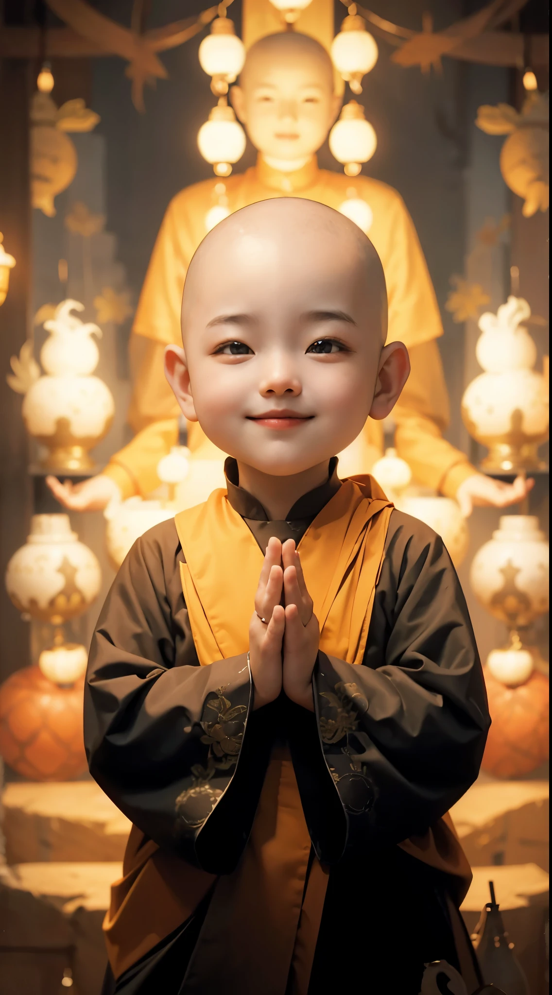 3-year-old bald monk，Wearing white monk cassock，Chubby little face，big round eyes，high nose bridge，with smile，he crosses his arms，sit cross-legged。Lotus pattern on background。HD