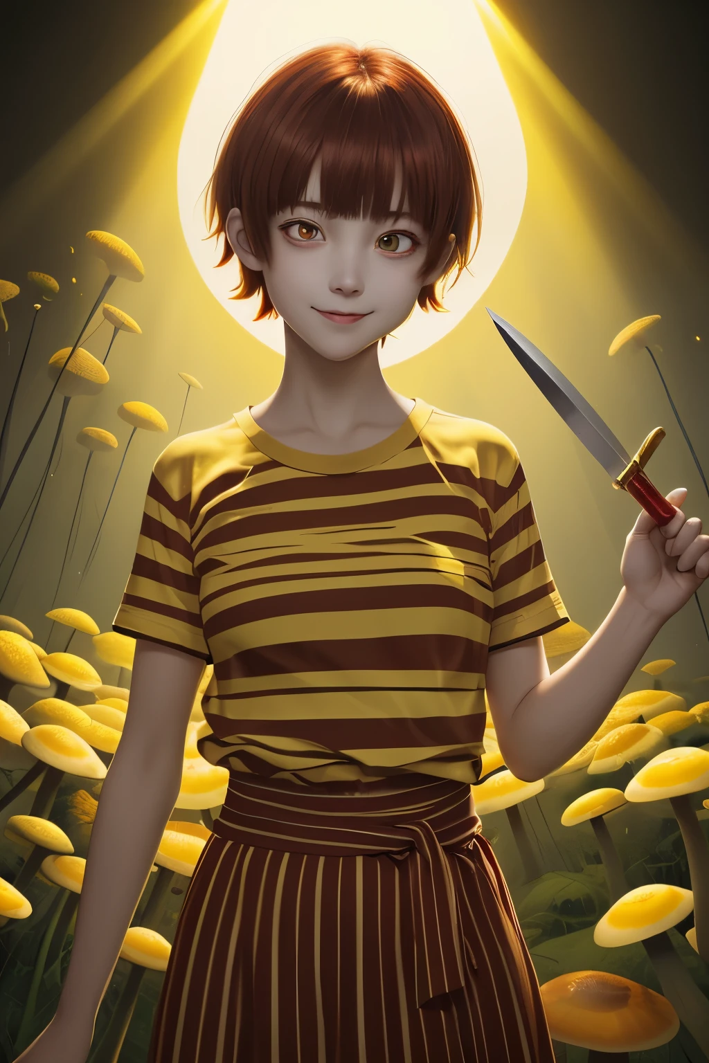 Red eyes, girl, holding a knife, yellow-green striped shirt with thicker stripes, red eyes glowing red, head tilted, short brown hair mushroom head, with a clear smile on his face, Chara, two-dimensional, standing among golden flowers with a ray of light above his head