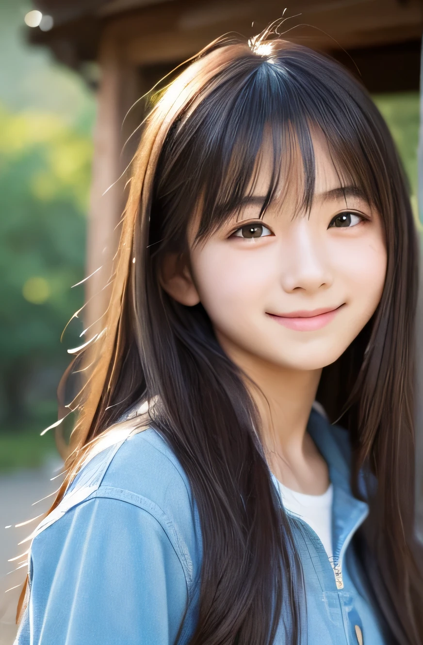 (top-quality、masterpiece:1.2)、Best Quality、realisitic、photoshot、hight resolution、1080p、8K、fine-textured skin、Physical Rendering、1 Japanese Girl、a junior high school student、kawaii、Young Face、Rolled hair、full of shyness、smile