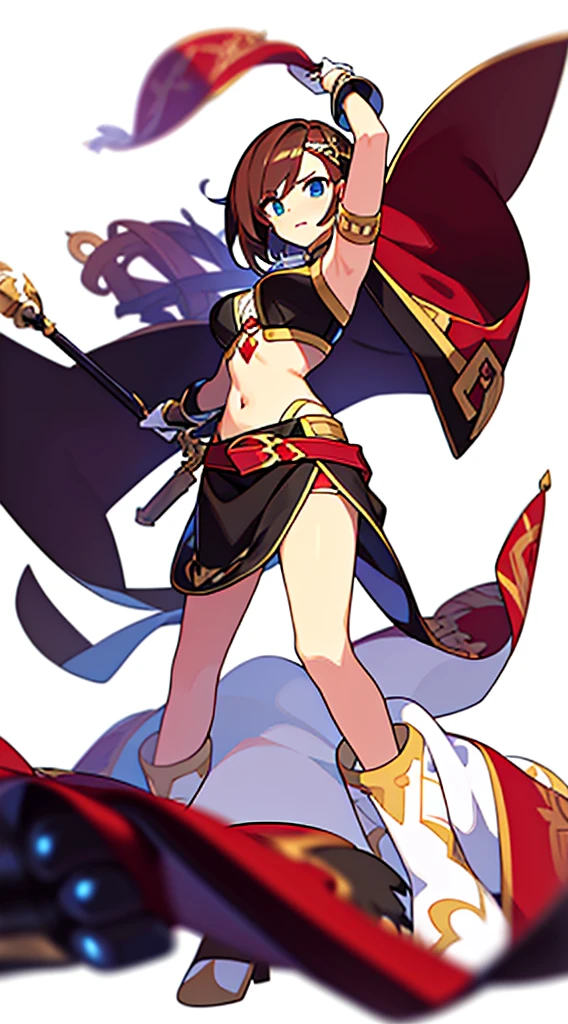 solo female, midriff, (((blurry background, white background))), character focus, fantasy clothes, standing, armlet, character design,