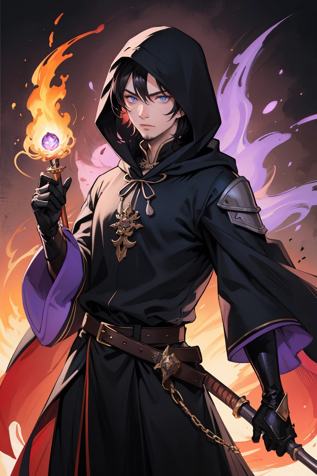 masterpiece, best quality, handsome male thief assassin rogue, short dark black hair, blue eyes, wearing mage cloak hooded, pointed ears, with rapier on his hand, dark shadow magic with purple flames 4k