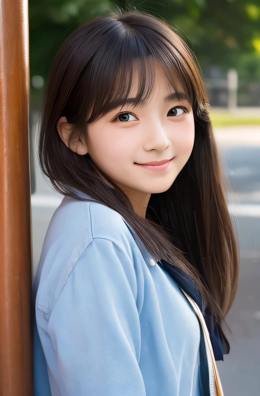 (top-quality、masterpiece:1.2)、Best Quality、realisitic、photoshot、hight resolution、1080p、8K、fine-textured skin、Physical Rendering、1 Japanese Girl、a junior high school student、kawaii、Young Face、Rolled hair、full of shyness、smile
