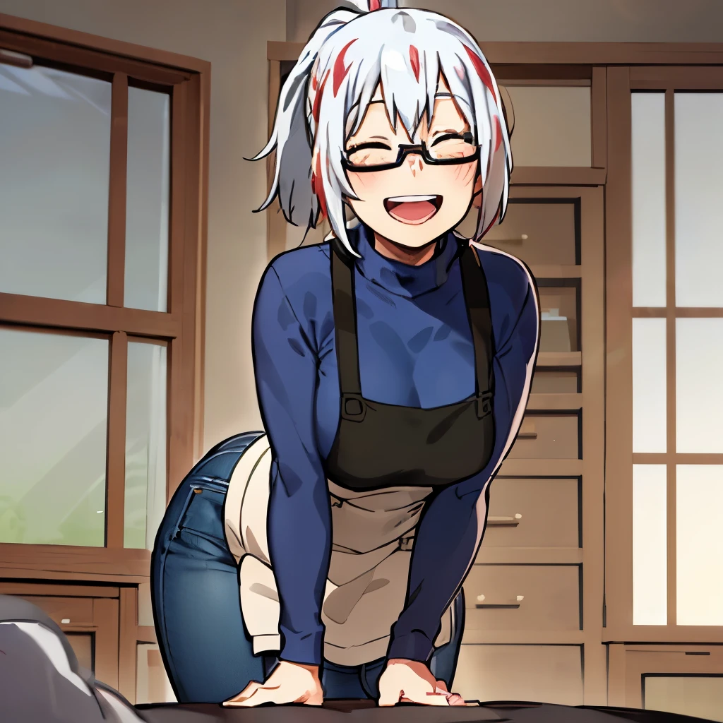 fuyumi todoroki, 1girl, solo, breasts, blush, smile, short hair, open mouth, bangs, long sleeves, medium breasts, standing, closed eyes, ponytail, white hair, :d, red hair, multicolored hair, glasses, teeth, pants, indoors, apron, two-tone hair, sweater, streaked hair, window, leaning forward, turtleneck, upper teeth only, arms behind back, blue shirt, denim, facing viewer, semi-rimless eyewear, lens flare  (POV:someone is touching her ass