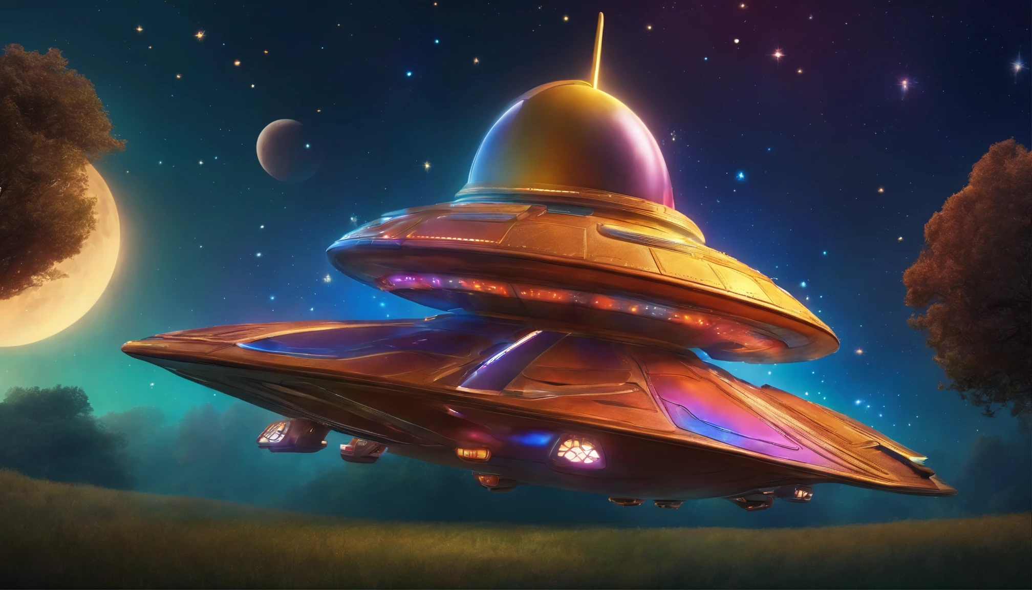 Disney Pixar-style image of a colorful spaceship landing gently in a field of twinkling stars.