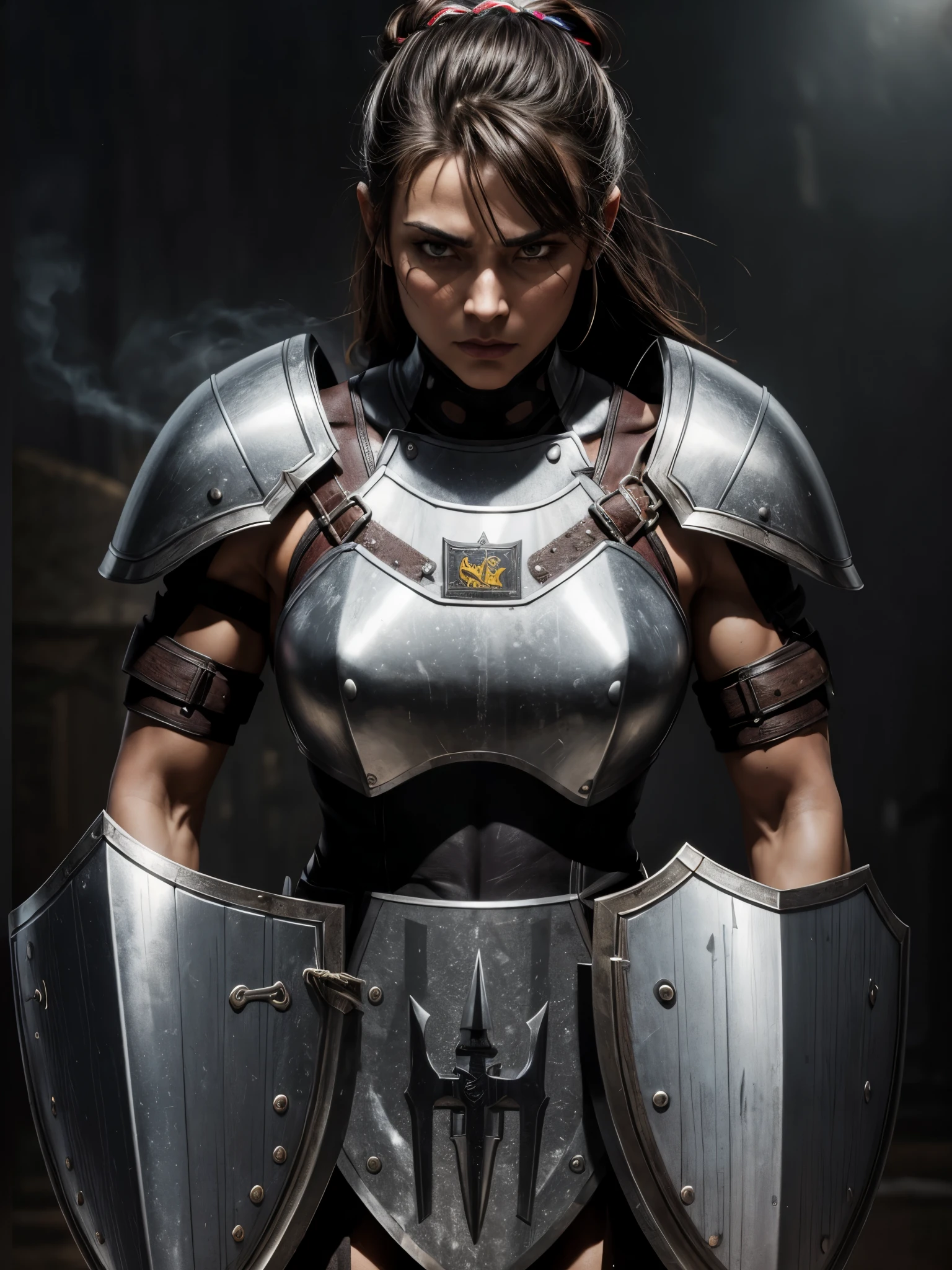 (best quality,highres:1.2),ultra-detailed,female warrior,shield,armored,brave,strong,confident,standing tall,determined expression,powerful poses,warrior stance,background of warzone,dark and moody lighting,blurred smoky atmosphere,fierce and intense,muscular physique,heroic,medieval theme,metallic armor,weaponry,sharp edges,detail description of armor plates,embossed symbols,leather straps,chainmail,decorative engravings,dirt and battle scars,bright highlights on the shield,contrasting colors,realistic textures,dramatic contrast,emphasize muscle definition,bold and vibrant colors.