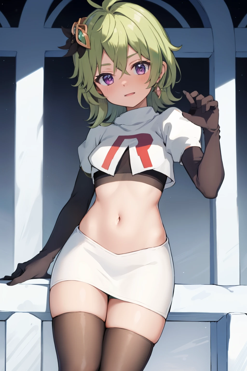 colleidef, blush, outdoors, short hair, team rocket,team rocket uniform,white skirt,crop top,black thigh-highs,black elbow gloves