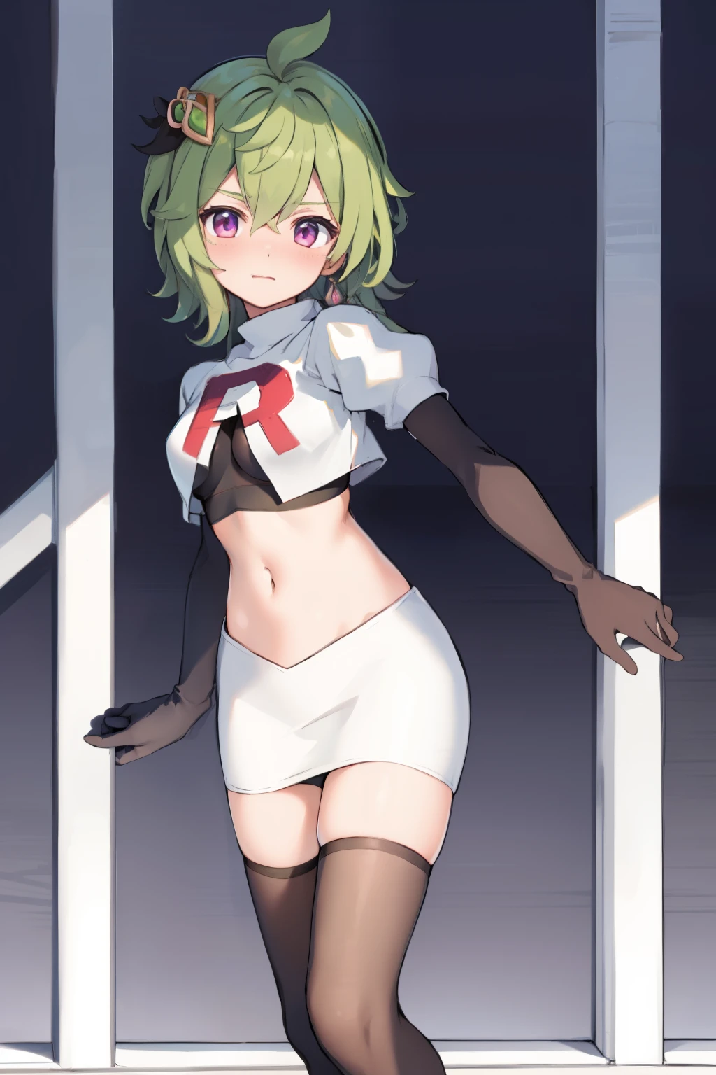 colleidef, blush, outdoors, short hair, team rocket,team rocket uniform,white skirt,crop top,black thigh-highs,black elbow gloves