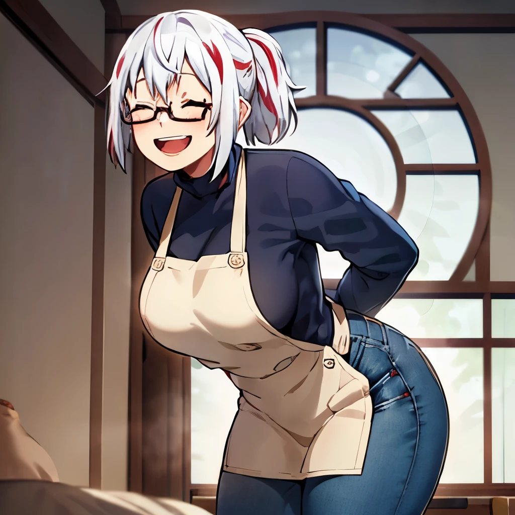 fuyumi todoroki, 1girl, solo, breasts, blush, smile, short hair, open mouth, bangs, long sleeves, medium breasts, standing, closed eyes, ponytail, white hair, :d, red hair, multicolored hair, glasses, teeth, pants, indoors, apron, two-tone hair, sweater, streaked hair, window, leaning forward, turtleneck, upper teeth only, arms behind back, blue shirt, denim, facing viewer, semi-rimless eyewear, lens flare (POV:ass