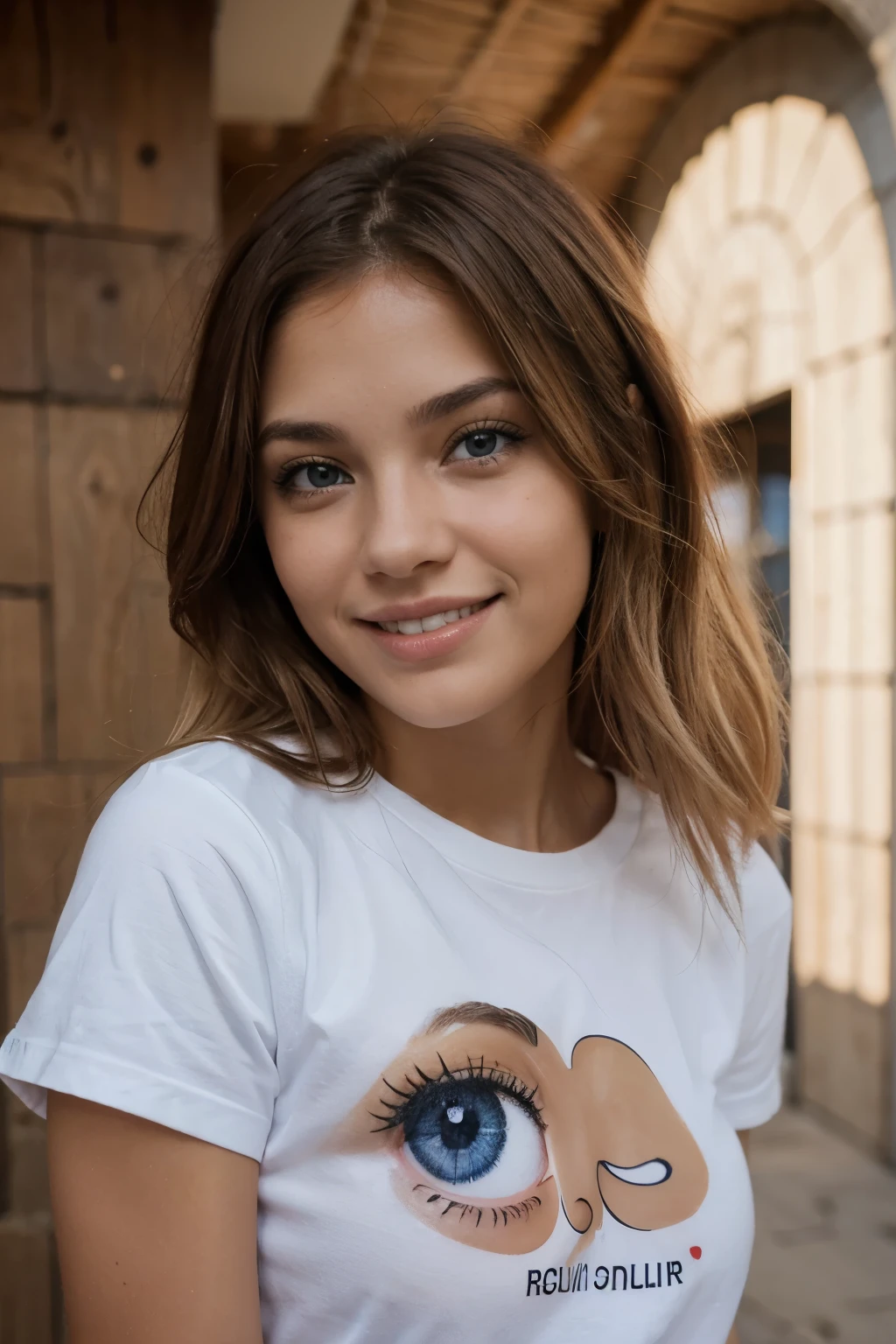 chica rubia con ojos azules cabello rojo, con una sonrisa en la cara blusa negra 