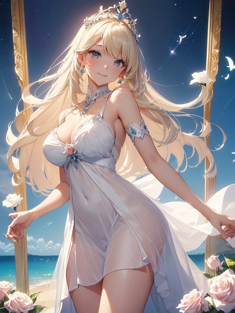 highest quality、Highest image quality、masterpiece、Super beautiful beauty((22 years old OL big bust、bust 90,beautiful long ironed hair、blonde、、、slender、Close-up、Esbian、beautiful tiara、High quality、beautiful art、background blue sky sunny sky、muste piece、visual art、Depth of bounds written、low angle of morning sky、magic of light、space knight、harp melody🎵、A happy smile、gentle light、、Beautiful legs that are gentle on the skin、、、Number of fingers to achieve precise finger movements、ticker beautiful decorative、elegant、mystical rosa、 beautiful dressy、、Raphael's paintings、renaissance art、friendly smile、Beautiful white dress、beautiful nature、a paradise、White Roseの花束をこちらに捧げる
、White Rose、Rose Garden、Lots of roses