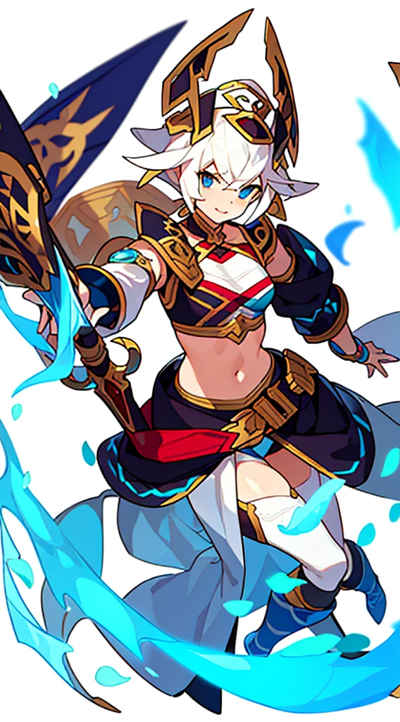 solo female, midriff, (((blurry background, white background))), character focus, fantasy clothes, standing, armlet, character design,