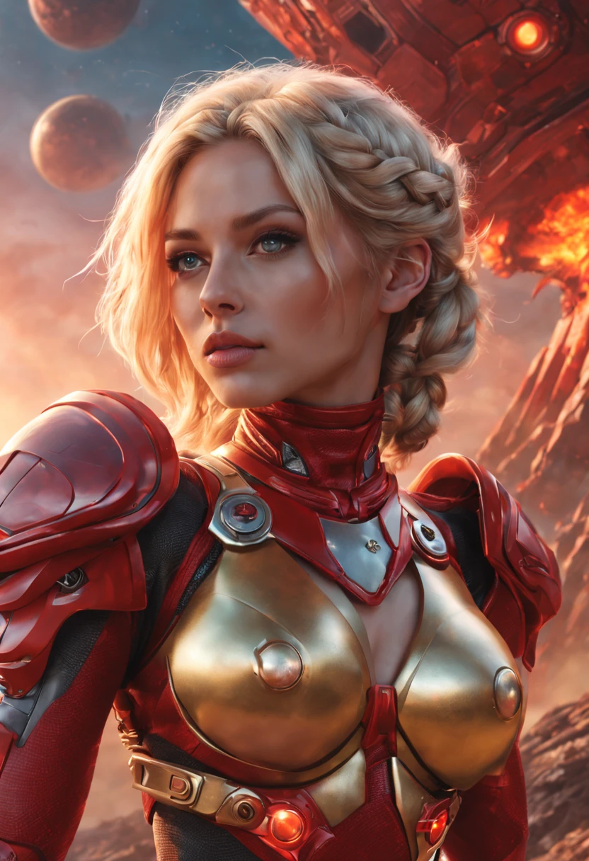 (best quality,4k,8k,highres,masterpiece:1.2),ultra-detailed,(realistic,photorealistic,photo-realistic:1.37),sci-fi,beautiful busty blonde woman wearing red and gold sci-fi g-string bikini armor standing on an alien world,alien landscape,glowing plants,hovering spacecraft,futuristic technology,exotic creatures,shimmering atmosphere,otherworldly colors,ethereal lighting,imposing presence,cosmic energy,star-filled sky,sparkling stars,reflective surfaces,sci-fi concept artists,sharp focus,vivid colors,highly-detailed armor and accessories,hairstyle with intricate braids,expressive eyes,captivating smile,proud and confident posture,heroic stance,alien flora and fauna,advanced weaponry and gadgets,futuristic architecture,universe exploration,interstellar adventures,other dimensions,extraterrestrial civilizations,awe-inspiring beauty,imaginative storytelling