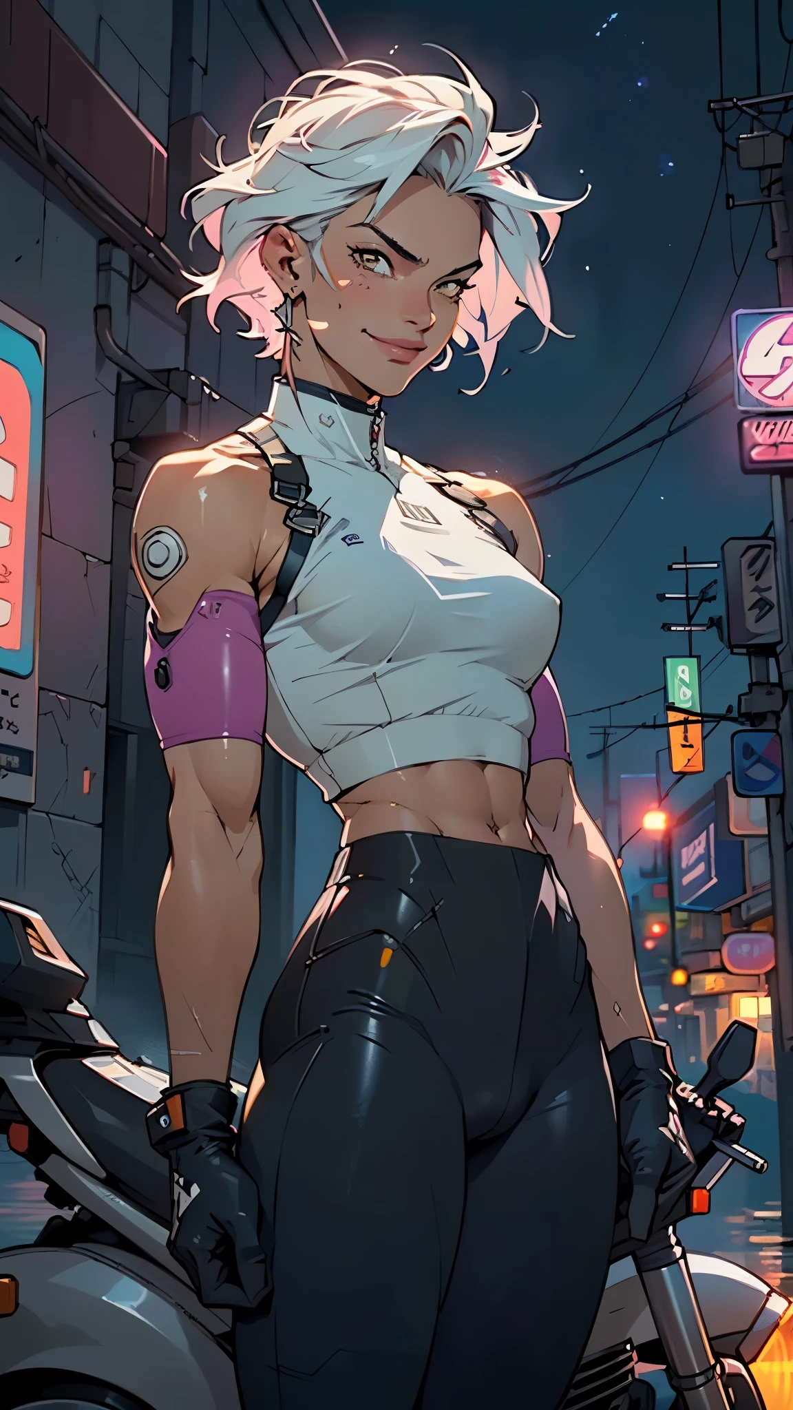 muscular man,(((1man))),((man muscular)),
(((1male,man:1.5,handsome man,male,male gender:1.5,male focus))),macho man,
((short white hair)),(((lustrous skin:1.5,tanned skin,bright skin: 1.5,skin tanned,shiny skin,very shiny skin,shiny body,illuminated skin))),(((yellow_eyes:1.2))),intricate eyes,beautiful detailed eyes,symmetrical eyes,((exaggerated muscles,exaggerated shoulders,very muscular and huge)),man chest,handsome face,((((muscular,hairy body,muscular man,tall,big biceps,abs,big thighs,broad shoulders,open chest)))),(((detailed face))),(((square jaw))),
alluring look,nsfw,
(((bare chest,shirtless))),motorcyclist pants,((bulge in pants)),((motorcyclist outfit)),(wearing a motorcyclist outfit:1.3,motorcyclist clothes),((wet clothes,intricate outfit,intricate clothes)),
(dynamic pose:1.0),solo focus,((evil smile,evil look)),(centered,scale to fit dimensions,Rule of thirds),
cyberpunk city by the ocean at night, with bright neon signs and dark stormy clouds and puddles, scenery:1.25,nighttime, starry night, cosmos,Very dark night that makes the neon lights stand out, very bright neon lights,nighttime, starry night, cosmos,
highres, sharp focus, (ultra detailed, extremely detailed), (photorealistic artwork:1.37),(extremely detailed CG unity 8k wallpaper),((synthwave background theme)),(((vibrant colors))),(intricate background),(masterpiece),(best quality),