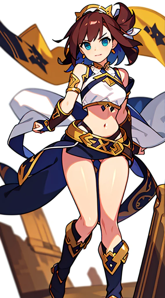 solo female, midriff, (((blurry background, white background))), character focus, fantasy clothes, standing, armlet, character design,