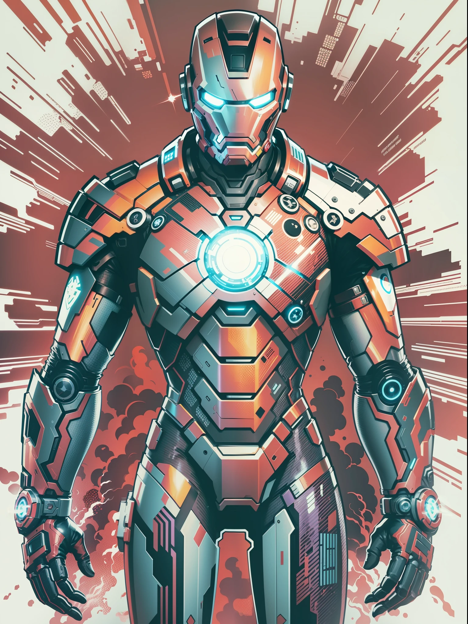 graphic design t-shirt, flat design, futuristic cyberpunk robot in mix of tones, ,, sexy body, , flashing , big , metal skin,metal , laser beams, purple emissive eyes, colorful tones, clean highly detailed, vector image, smoke explosion, simple background, flat white background, bright vector ((white background) )