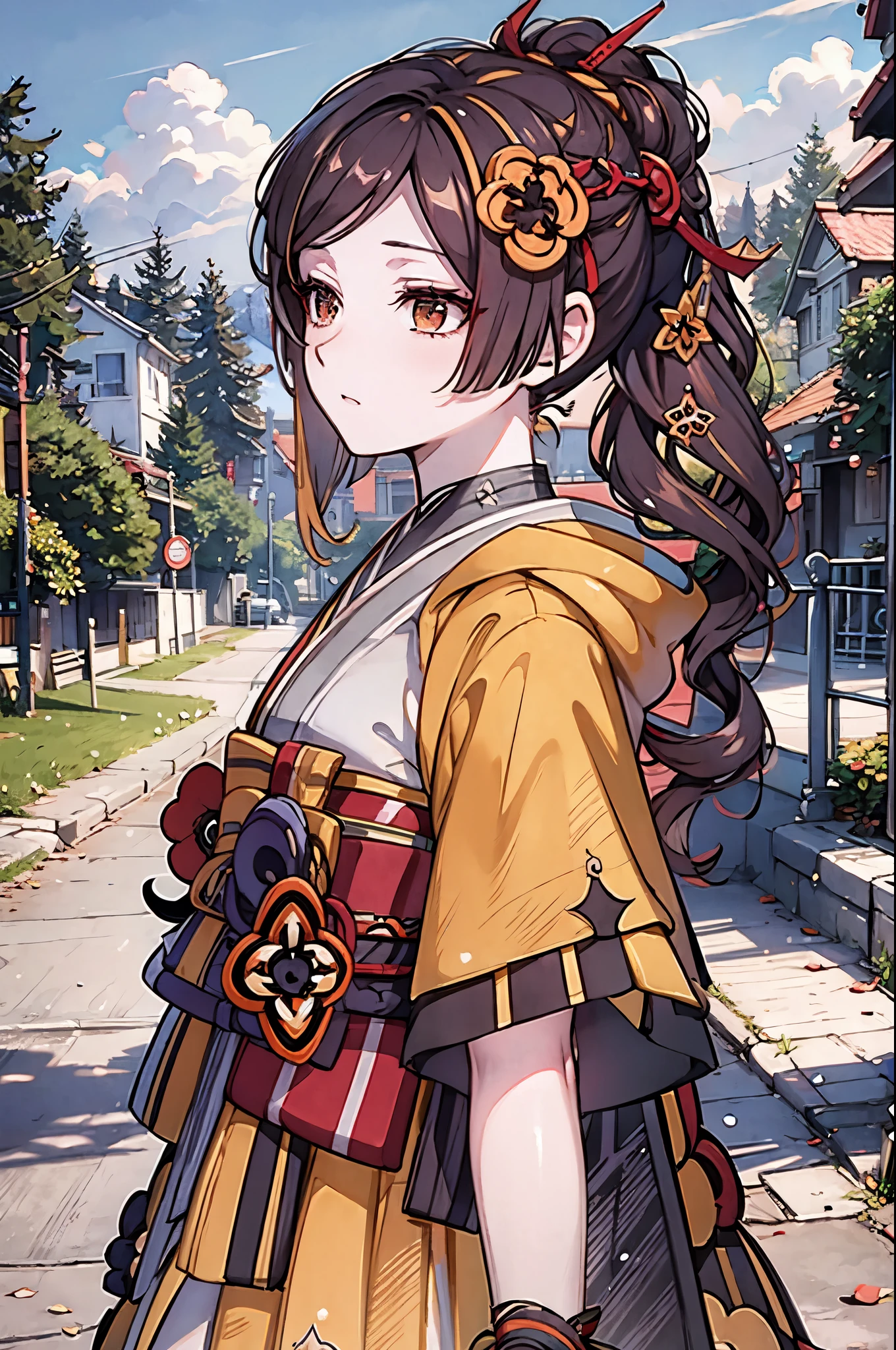 detailed, (masterpiece:1.2), (pale_skin), (solo:1.2), (female), (emphasis lines:1.3), slender, (brunette), outdoors, sky, brown_eyes, bracelets, (averting_eyes:1.3), (kimono), park, trees, gloves, ponytail