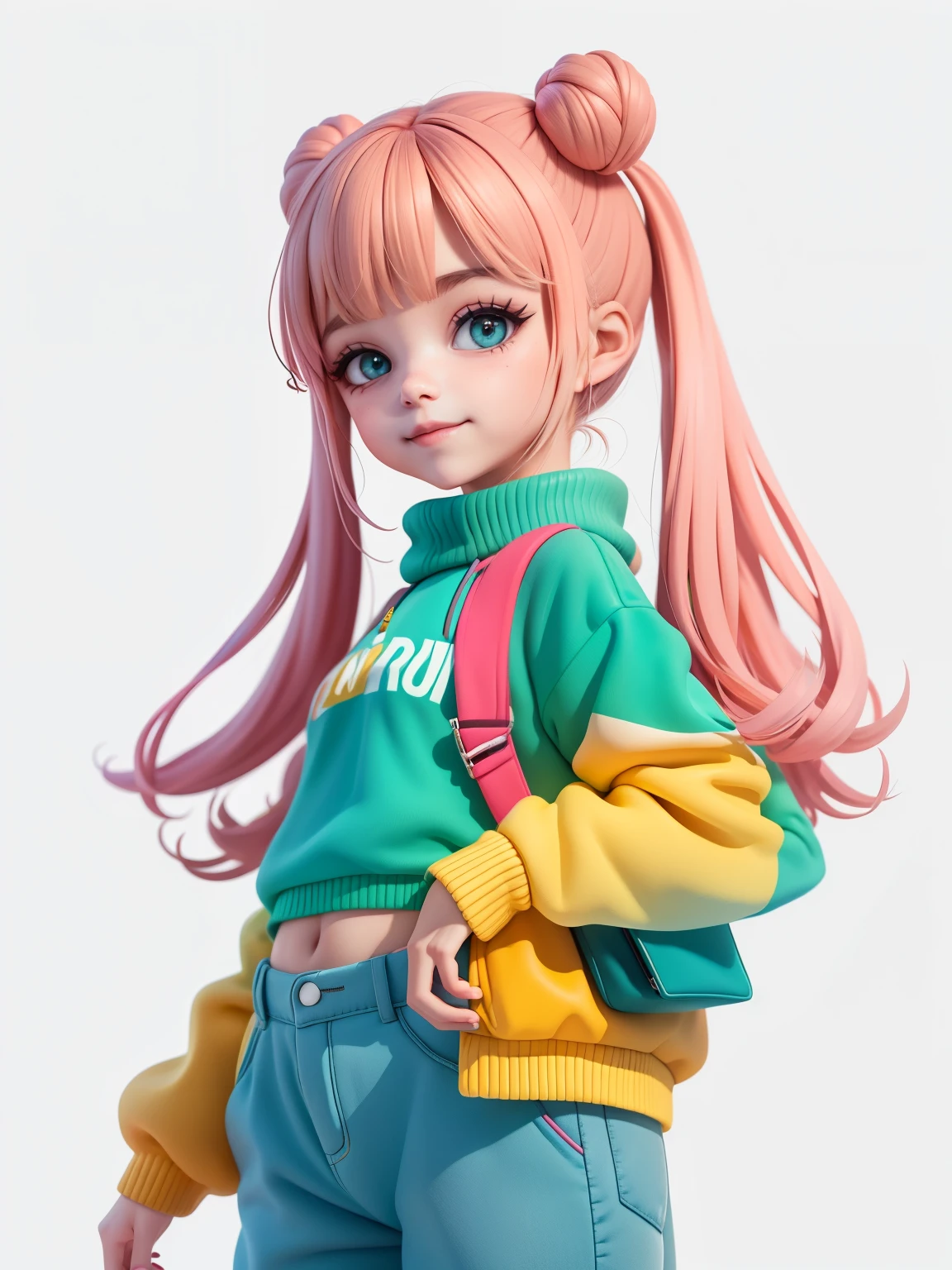 (obra-prima), (melhor qualidade), (ultra-detalhado), (corpo inteiro: 1.2) baby bonita e fofa, tema neon, capuz, moletom colorido, Knitted jumpsuits, Pants, jaqueta, blusa, sorriso claro, corpo inteiro, :3, fundo tom pastel , colorido e simples.