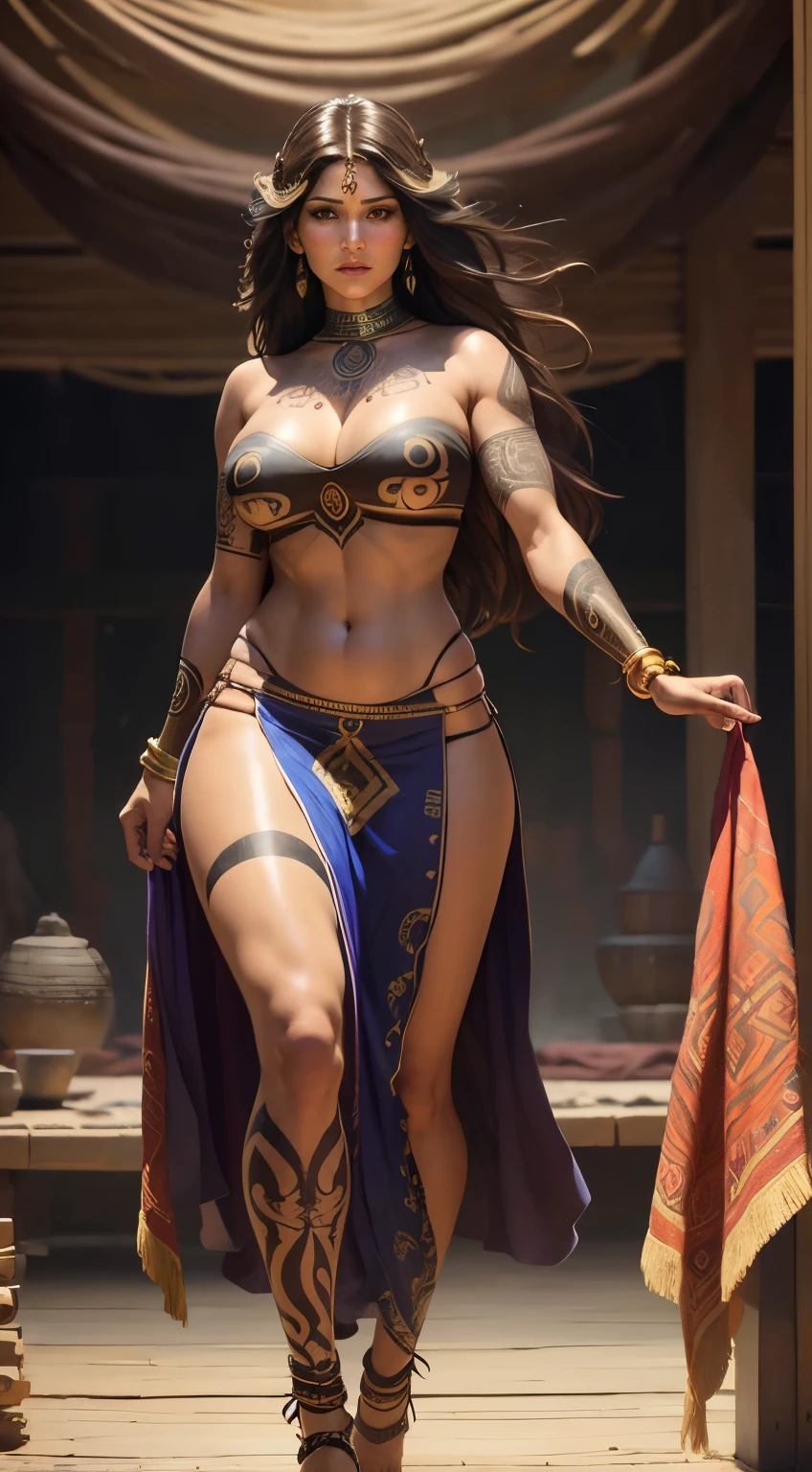 (masterpiece), best quality, expressive eyes, perfect face, Gemma Arterton, as a beautiful tribal woman, wearing a tribal skimpy garments and tattoos, long flowing hair, view from front, gorgeous face, bright big eyes, full body view