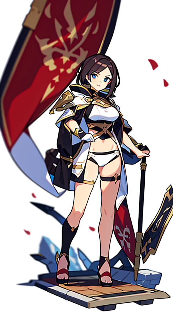 solo woman, (((blurry background, white background))), character focus, fantasy clothes, standing, full body, shorts, holding weapon, thong,
