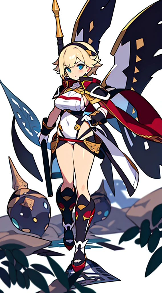solo woman, (((blurry background, white background))), character focus, fantasy clothes, standing, full body, shorts, holding weapon, thong,