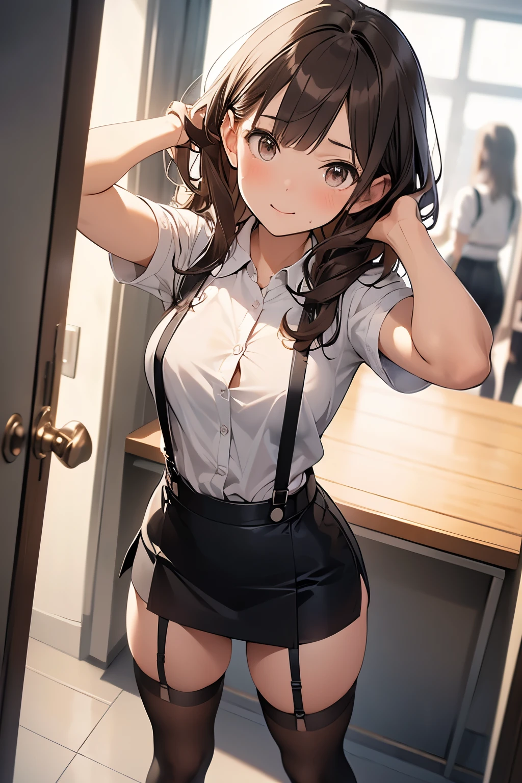 brown hair、looking at the viewer　　suspenders　　　Bulging big breasts　　 　 　　　　Black miniskirt　garter belt　knee high socks　　　　　　Gaze　　　small face　bangs 　　　　　Beauty　　hands up　　 　Gaze 　black boots 　provocation　　armpit sweat　one person 　　put your hands behind your back　cutter shirt　　Panty shot