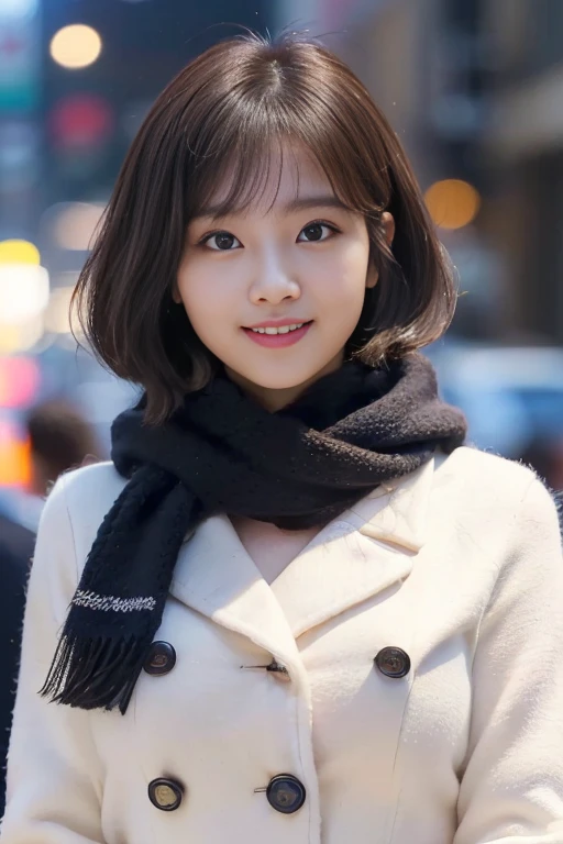 1 girl、Photoreal、amazingly beautiful、(highest quality、8K、32K、masterpiece、nffsw:1.3)、(realistic、super detailed、Best detailed body capture、eye for detail, beautiful eyes、Street view、(perfect anatomy:1.3)、(no mask:1.photograph、table top）、((No makeup))、cute japanese woman、、high school girl、young girl、have bangs、double eyelid、drooling eyes、big black eytive、purity、cute smile、natural smile、watch here、realistic肌タイプ、thick muffler、knit sweater、The front of the coat is open、((scarf hair))、the wind is blowing、It&#39;s snowing、illumination、Light is shining from behind、medium bob cut、Do not show ears，My eyes are big，slightly sagging eyes，No makeup，((big breasts))，((Volum)、my hands are behind my waist、&#39;invisible.