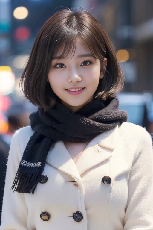 1 girl、Photoreal、amazingly beautiful、(highest quality、8K、32K、masterpiece、nffsw:1.3)、(realistic、super detailed、Best detailed body capture、eye for detail, beautiful eyes、Street view、(perfect anatomy:1.3)、(no mask:1.photograph、table top)、((No makeup))、cute japanese woman、16 years old、high school girl、young girl、have bangs、double eyelid、drooling eyes、big black eyes、attractive、purity、cute smile、natural smile、watch here、realistic肌タイプ、thick muffler、knit sweater、The front of the coat is open、((scarf hair))、the wind is blowing、It's snowing、illumination、Light is shining from behind、medium bob cut、Do not show ears,My eyes are big,slightly sagging eyes,No makeup,((big breasts)),((Voluminous bust))、my hands are behind my waist、'invisible.