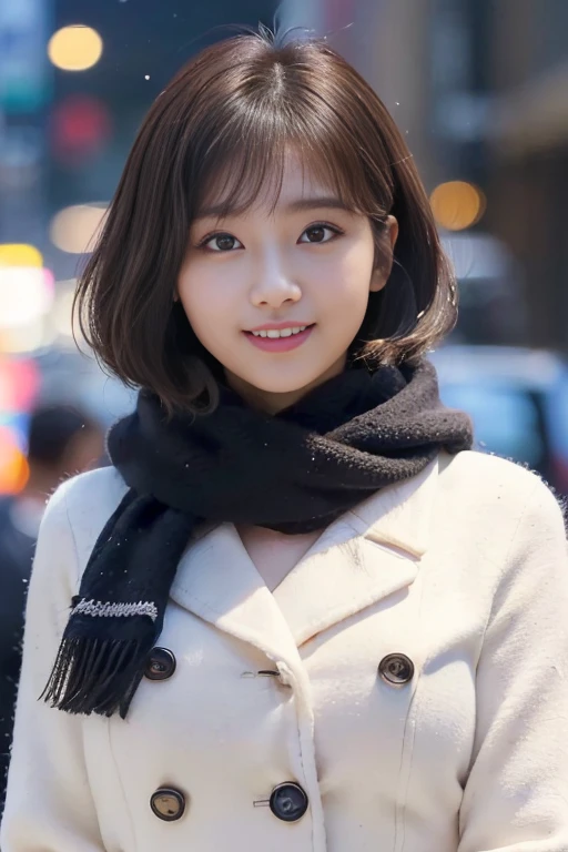 1 girl、Photoreal、amazingly beautiful、(highest quality、8K、32K、masterpiece、nffsw:1.3)、(realistic、super detailed、Best detailed body capture、eye for detail, beautiful eyes、Street view、(perfect anatomy:1.3)、(no mask:1.photograph、table top）、((No makeup))、cute japanese woman、16 years old、high school girl、young girl、have bangs、double eyelid、drooling eyes、big black eyes、attractive、purity、cute smile、natural smile、watch here、realistic肌タイプ、thick muffler、knit sweater、The front of the coat is open、((scarf hair))、the wind is blowing、It&#39;s snowing、illumination、Light is shining from behind、medium bob cut、Do not show ears，My eyes are big，slightly sagging eyes，No makeup，((big breasts))，((Voluminous bust))、my hands are behind my waist、&#39;invisible.
