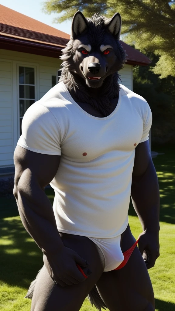 Spicy portrait of a furry wolf alone seductive smile wearing a sexy thong and a white t-shirt looking at the viewer beautiful and sexy red eyes muscular man a realistic house background outside outdoors hot and rough posing for camera endowed porn actor gay body delicious black dream daddy adult 25 years old pervert sex addict HDR 32K