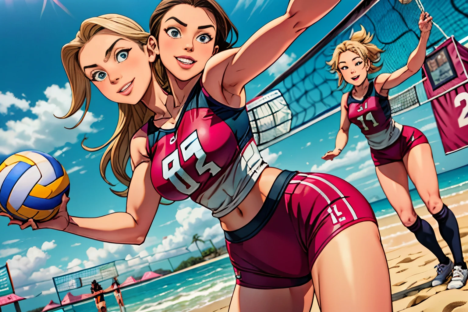 realisticlying、43-year-old female beach volleyball player hitting a volleyball with her hand,  volleyball action shot,,Blonde long wavy hair with pink highlights 、 Super Fit Volleyball Wear、Wearing volleyball shortreasts enlarged、A sexy、Smile、Sexy poses on a sandy beach, two heads, conjoined dicephalus