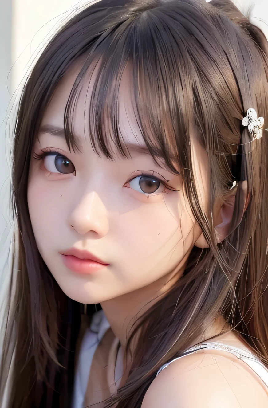 masterpiece、highest quality、8K、(black crazy super long hair:1.5　)、　、1 girl、12 years old、detailed face and eyes、(light brown eyes:1.5)、head band、、、perfect body、ultimate beautiful girl、perfect beauty、、put your hands on your knees、、leaning forward、(show your shoulders)、flat body、slim、cute、、white skin、round face、Very adorable little face、chunky shoulder sweater、((rainbow top background))、lonely look