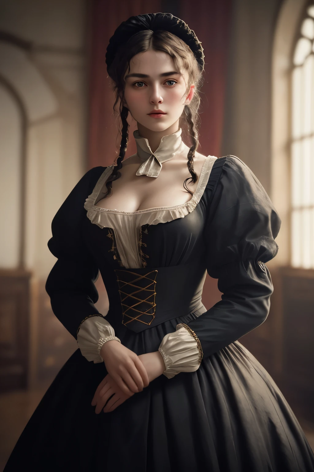 raw photo. Anna Karenina 22 years old, dressed in period clothing, Russia, 19th century AD, perspective, half body detail, sharp focus, slight blending, detail, feeling like it's medieval, (high skin detail: 1,2), 8k uhd, dslr, soft light, high quality, Fujifilm XT3 grainy films.