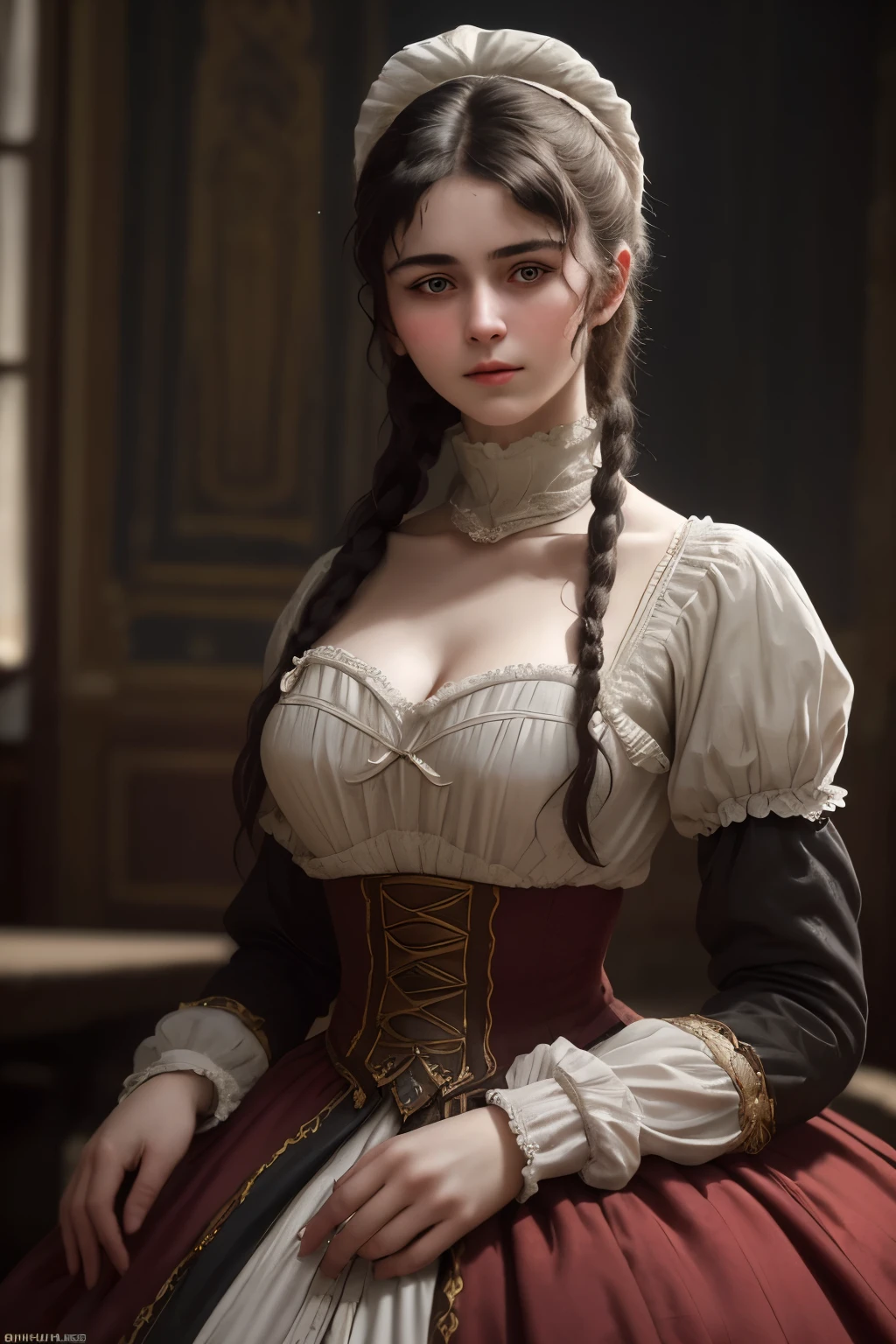 raw photo. Anna Karenina 22 years old, dressed in period clothing, Russia, 19th century AD, perspective, half body detail, sharp focus, slight blending, detail, feeling like it's medieval, (high skin detail: 1,2), 8k uhd, dslr, soft light, high quality, Fujifilm XT3 grainy films.