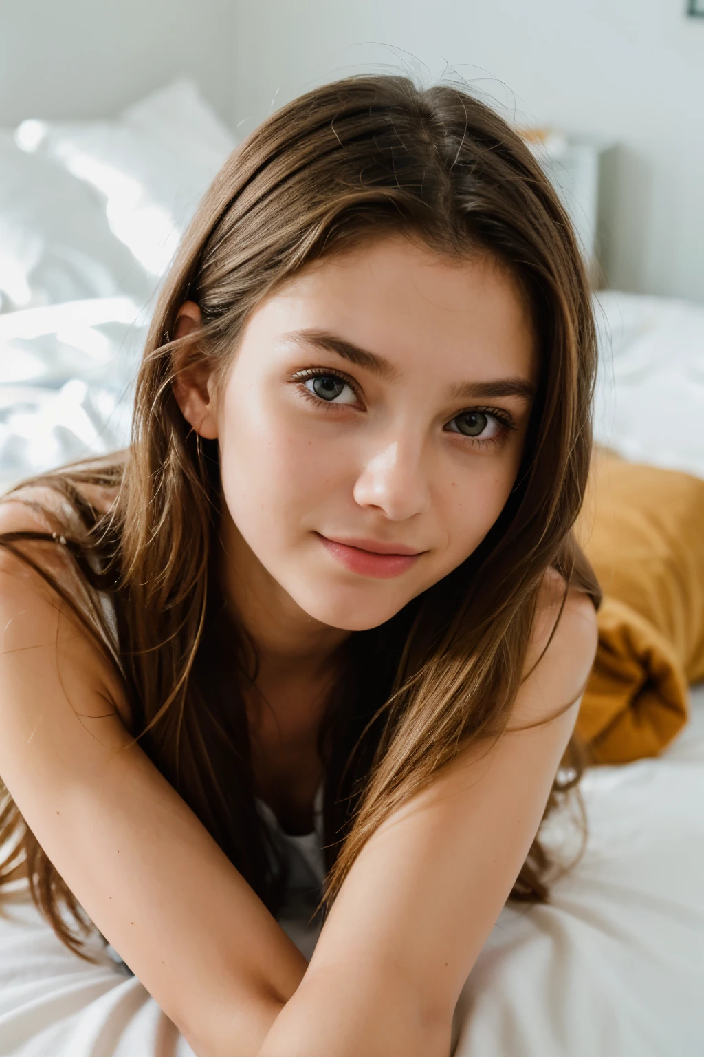14 year old teen girl, best quality, cute, long brown hair, pale skin, freckles, sexy, naked, smile, full body, bed