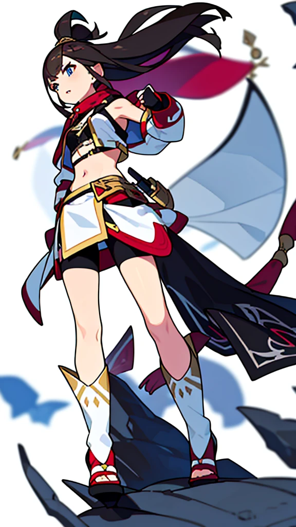 solo female, midriff, (((blurry background, white background))), character focus, fantasy clothes, standing, groves, character design,