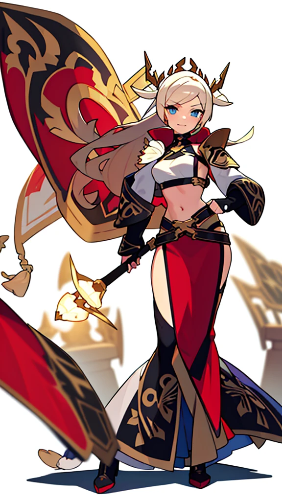 solo female, midriff, (((blurry background, white background))), character focus, fantasy clothes, standing, groves, character design,