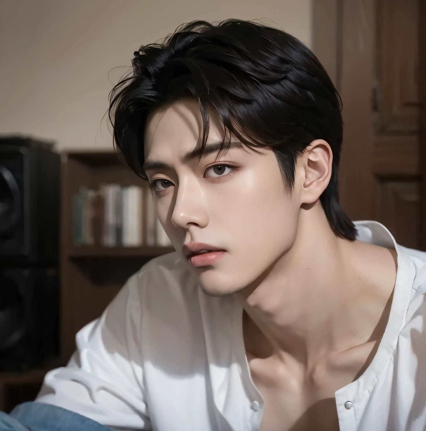 arafed asian man with white shirt and jeans, inspirado em Zhang Han, Jung Jaehyun, pintar ulzzang, Yanjun Chengt, homem sul-coreano, cai xukun, artista coreano, um homem bonito，cabelo curto preto, Jinyoung Shin, 1 Menino de 7 anos, rosto magro, delicate androgynous prince, inspirado em Yanjun Cheng