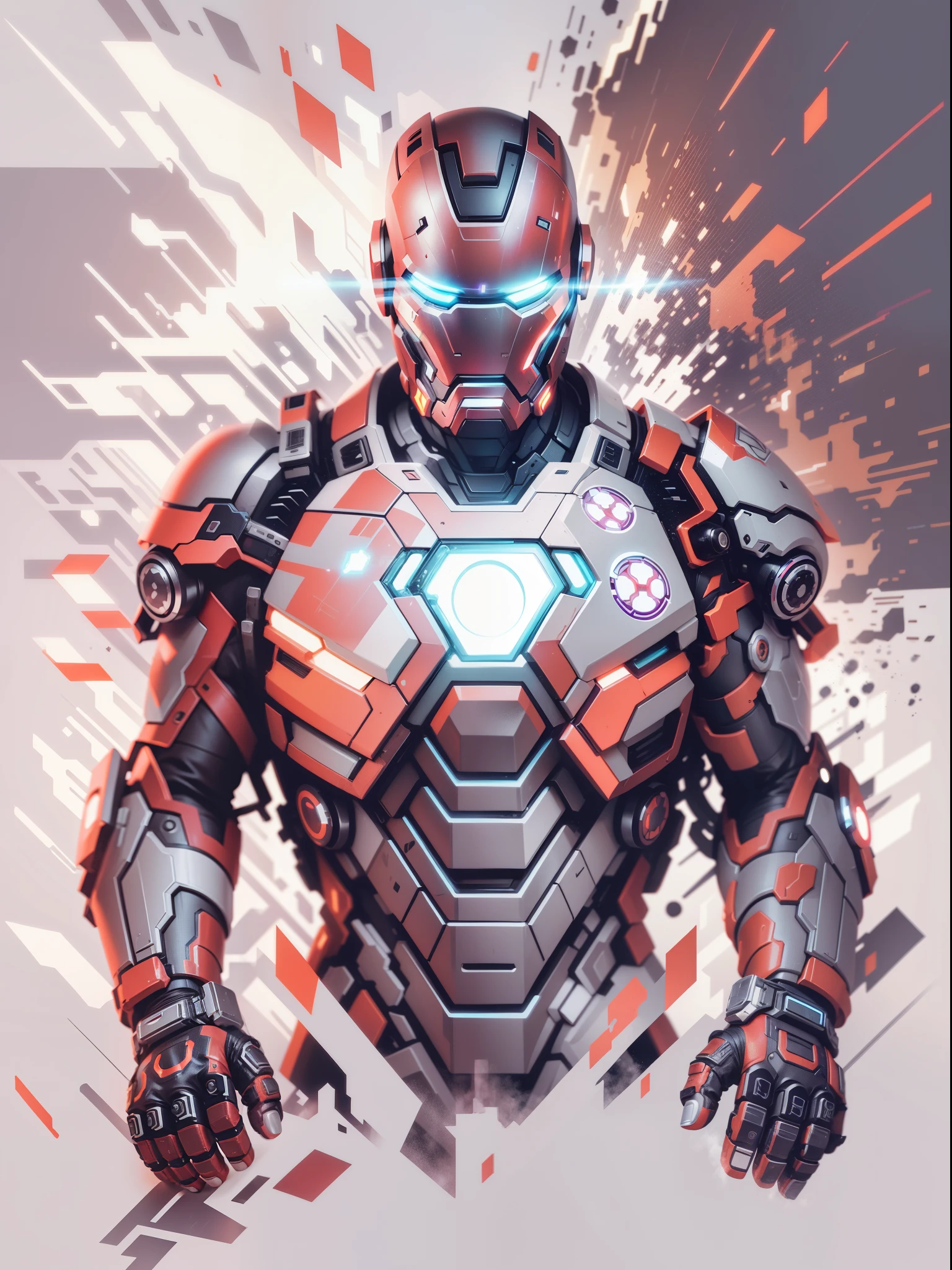 graphic design t-shirt, flat design, futuristic cyberpunk ironman in mix of tones, topless,, topless, flashing , big , metal skin, laser beams, purple emissive eyes, colorful tones, clean highly detailed, vector image, smoke explosion, simple background, flat white background, bright vector ((white background) )