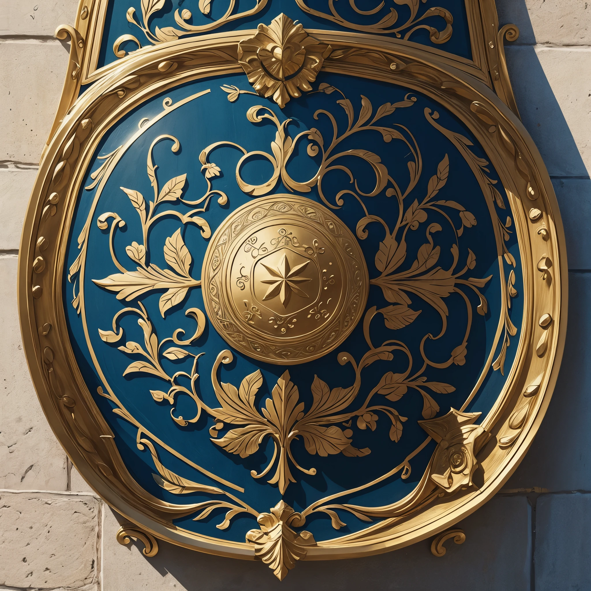 (masterpiece, best quality), best resolution, elaborately decorated shield, mounted on a wall