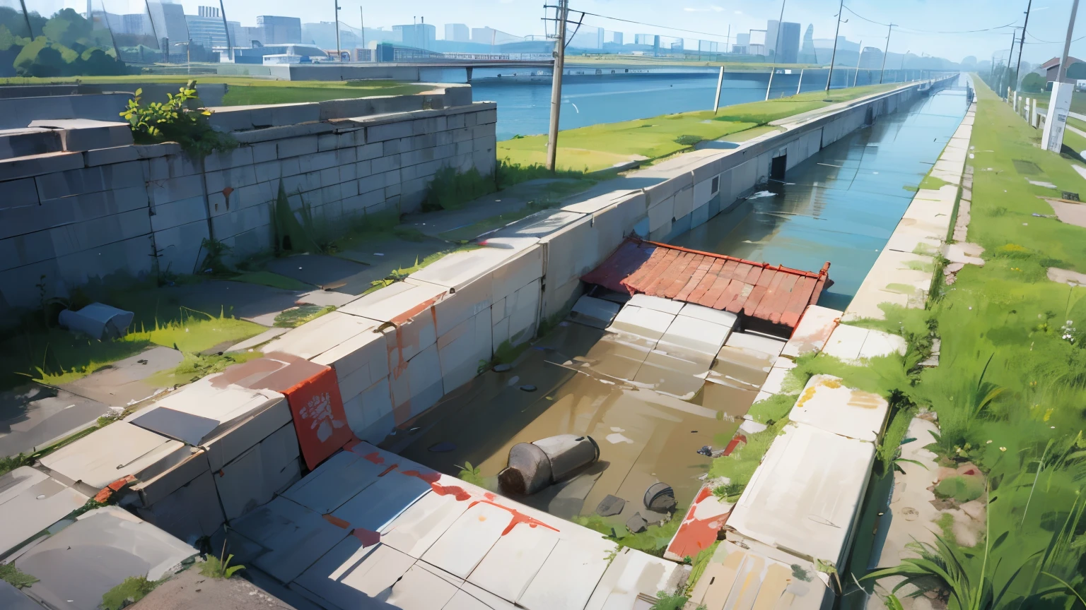 Doomsday City,There is a river on the edge of the city,On both sides of the river are slopes of cement embankments,There is a sewer outlet on the dike,Two-dimensional style,Japanese animation style