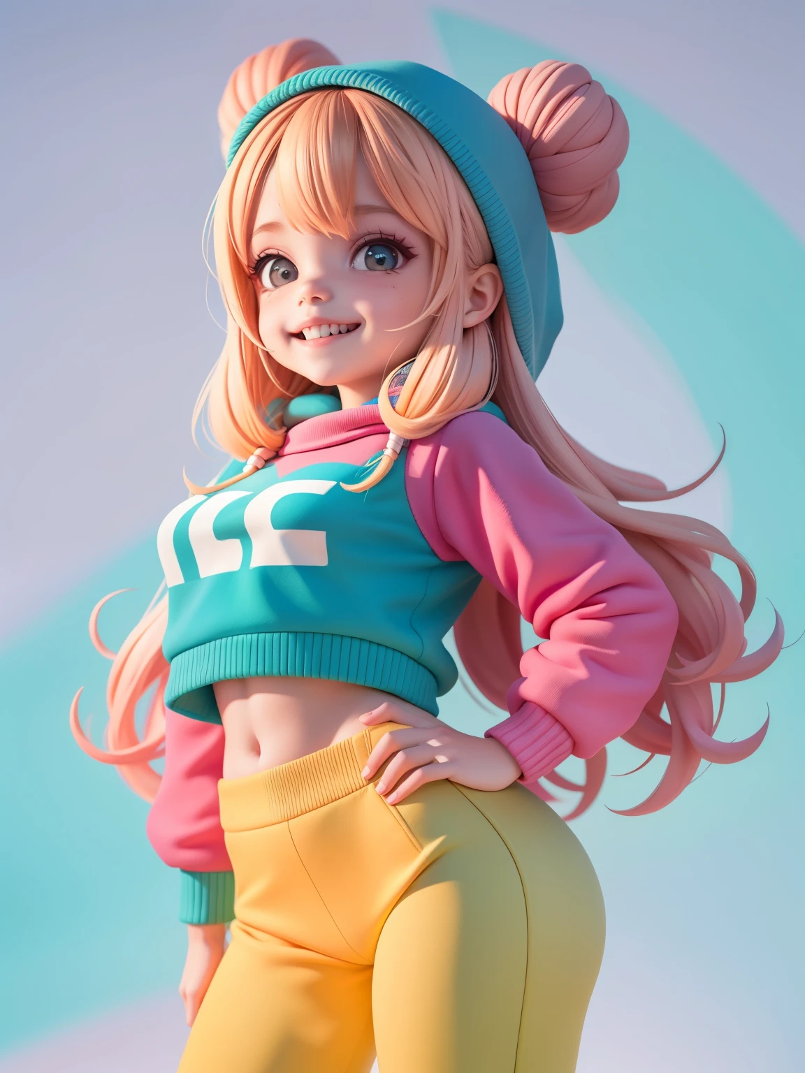 (obra-prima), (melhor qualidade), (ultra-detalhado), (corpo inteiro: 1.2) baby menina bonita e fofa, tema neon, capuz, moletom colorido, Knitted jumpsuits, Pants, jaqueta, blusa, sorriso claro, corpo inteiro, :3, fundo tom pastel , colorido e simples.((whole body))