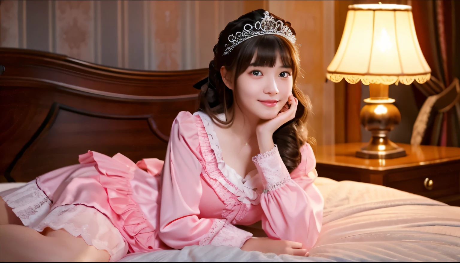 highest quality, masterpiece, highest resolution, artwork, super それにget used to it, many get used to it, get used to it, それにget used to it, woman, 10 years old,the girl is a princess,pink victorian nightgown,pajamas,long sleeve,long dress,Nightgown with lots of frills and ribbons,luxury,luxuryな寝室,luxuryなベッドの上に座っている,