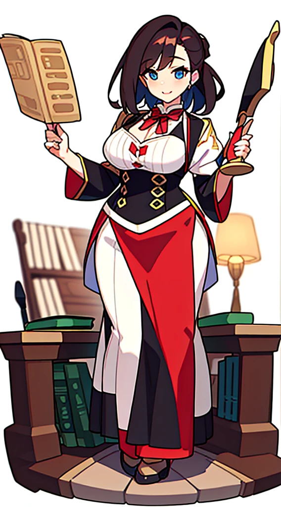 solo woman, (((blurry background, white background))), character focus, standing, full body, clerk, salesperson, Earth Tones Color outfit, dirndl, bustier, librarian,