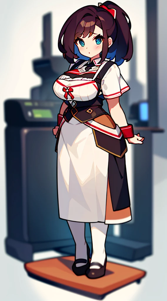 solo woman, (((blurry background, white background))), character focus, standing, full body, clerk, salesperson, Earth Tones Color outfit, dirndl, bustier, librarian,