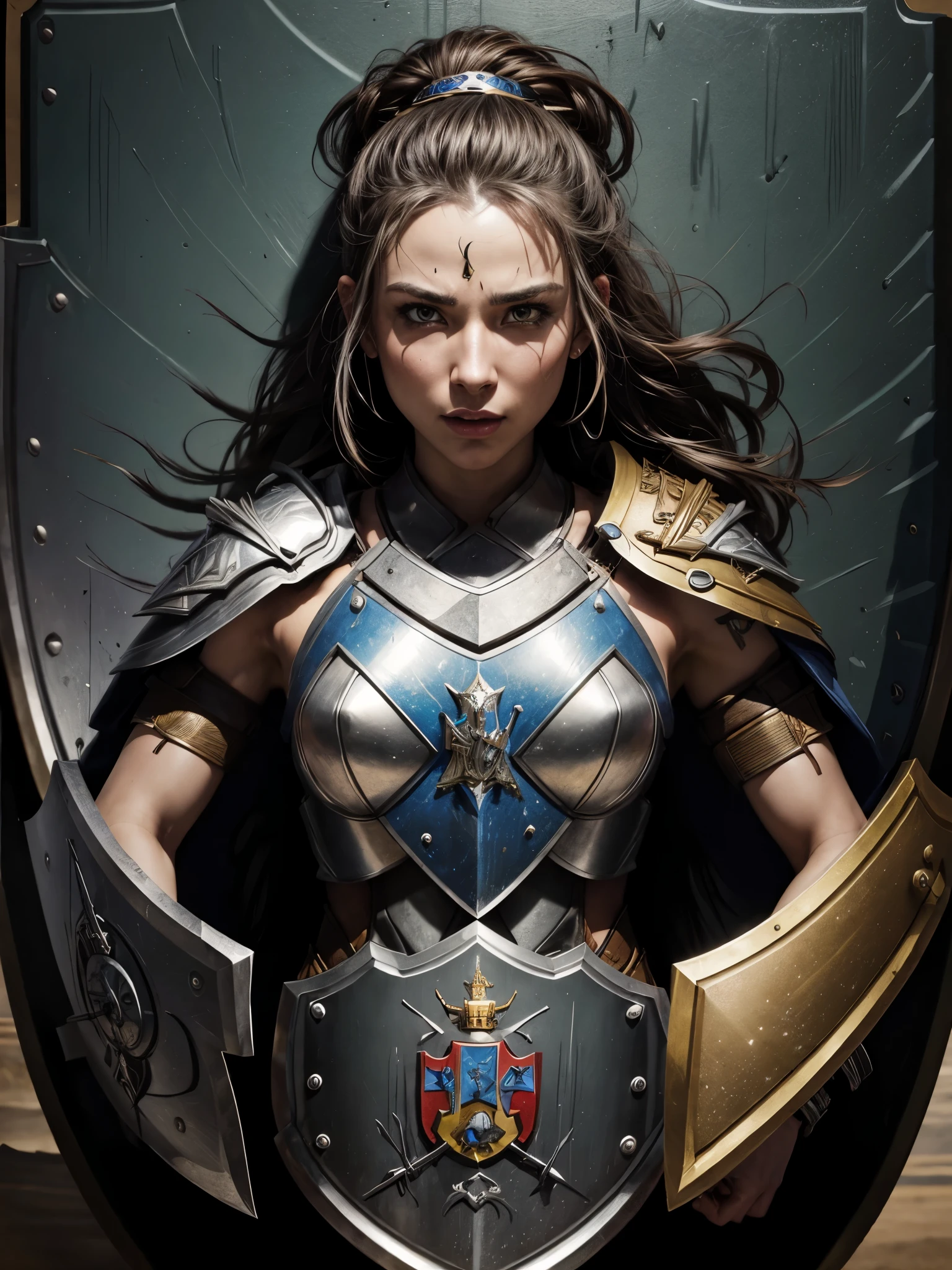 best quality,ultra-detailed,professional,portrait,(female warrior),(detailed armor),sharp focus,(intense expression),vivid colors,(dramatic lighting),(battlefield background),(strong and powerful),(((a gorgeously decorated shield))),physically-based rendering