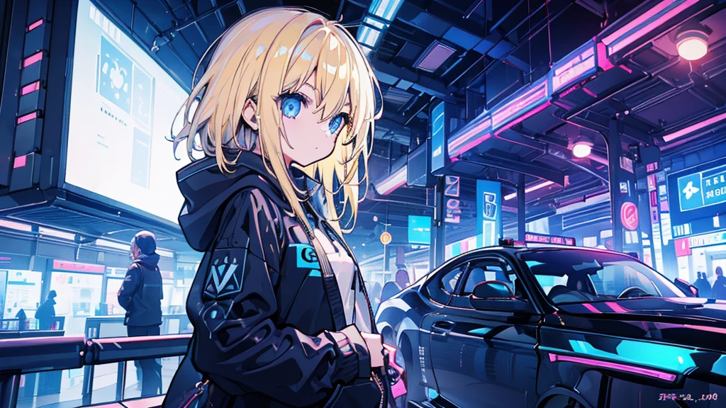 (1 girl, blonde hair, blue eyes, black hoodie, kawaii), (sports car), (blue cyberpunk, night city, blue neon)